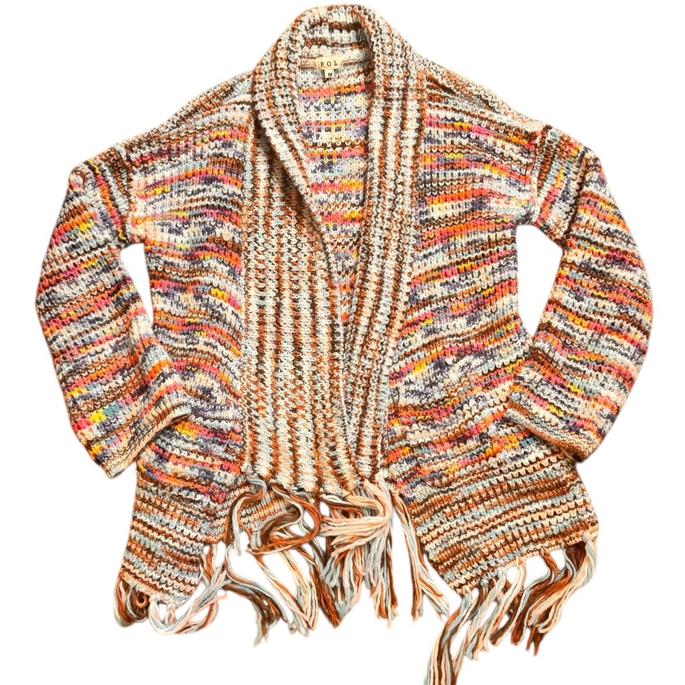 Anthropologie POL Chunky Crochet Knit Open Cardigan Sweater Fringe Trim size M - Picture 2 of 7